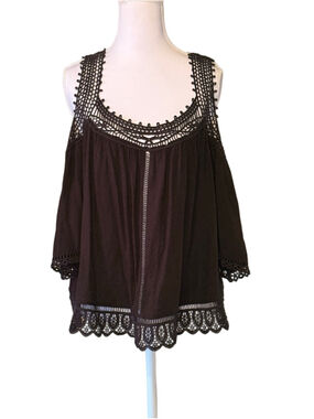 Lovestitch Black Crochet Lace Cold Shoulder Boho Blouse Top L